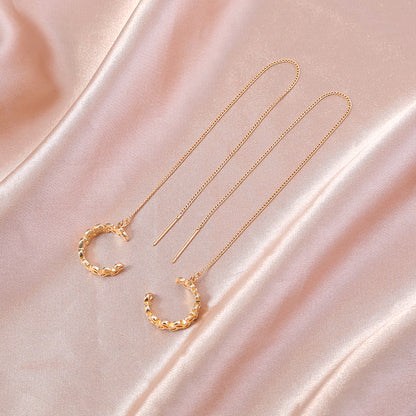 Gold Long Copper C-shaped Hollow Leaf Ear Clip Ear Wire Earrings
