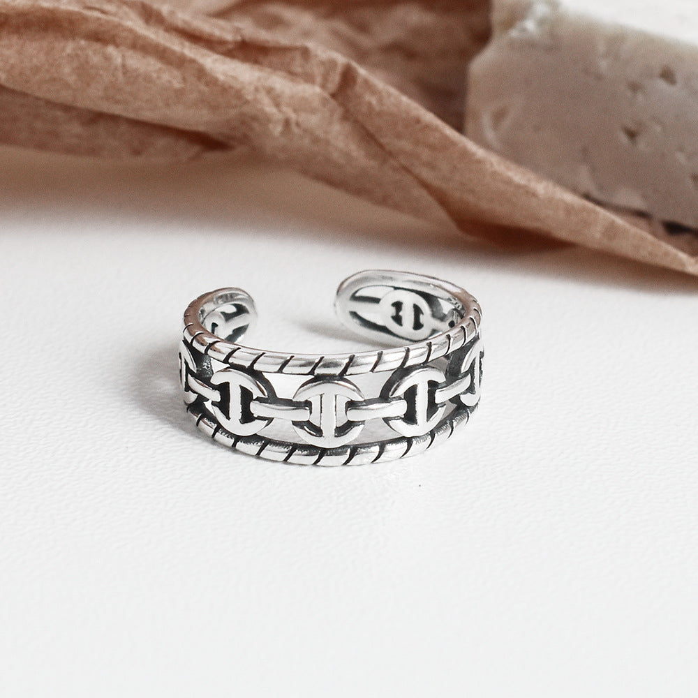 Chic Temperament Cold Wind Jewelry S925 Sterling Silver Retro Heavy Pig Nose Chain Ring