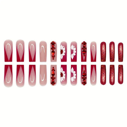Sweet Flowers Temperament Prismatic Red Diamond Removable Fake Nails