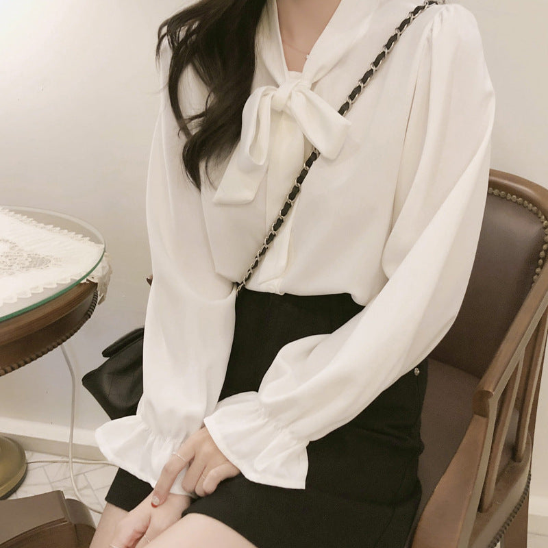 New Hong Kong Style Retro Bow-neck Loose-fit Chiffon Long-sleeve Top