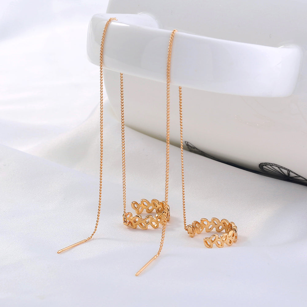 Gold Long Copper C-shaped Hollow Leaf Ear Clip Ear Wire Earrings