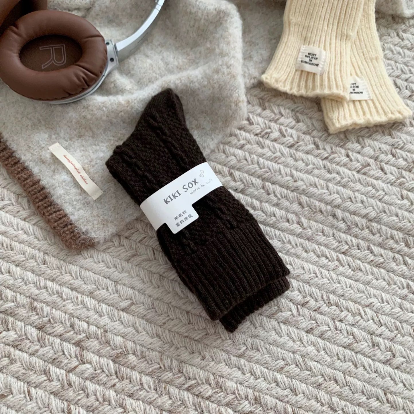 Womens Cable-Knit Wool-Blend Thickened Fleece-Lined Plush Warm Sleep Socks For Winter