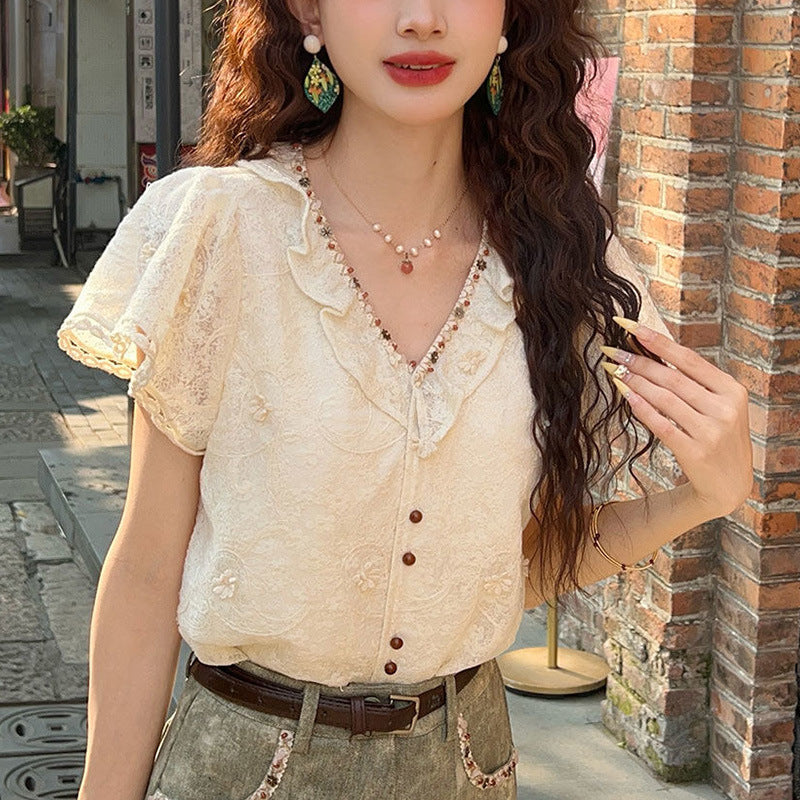 Petite Anti-Aging V-Neck Lace Short Sleeve Blouse For Women