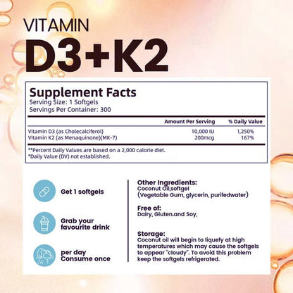 D3K2 Bone Health Softgels 300 Capsules With Clinically Validated Dosage Triple-Action Support For Joints Immunity Heart Health