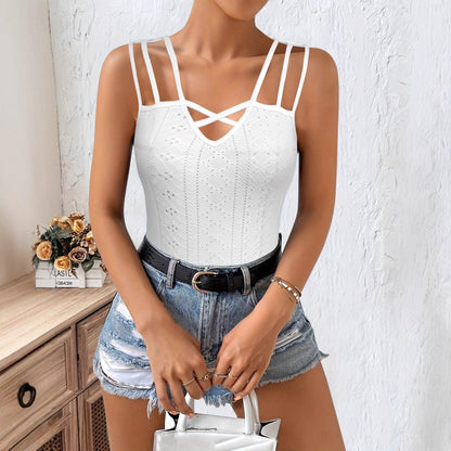 Mesh Embroidery Three-strap Solid-color Camisole Top With Cutout Design