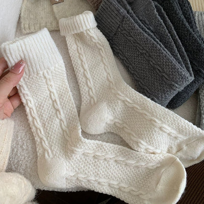 Womens Cable-Knit Wool-Blend Thickened Fleece-Lined Plush Warm Sleep Socks For Winter