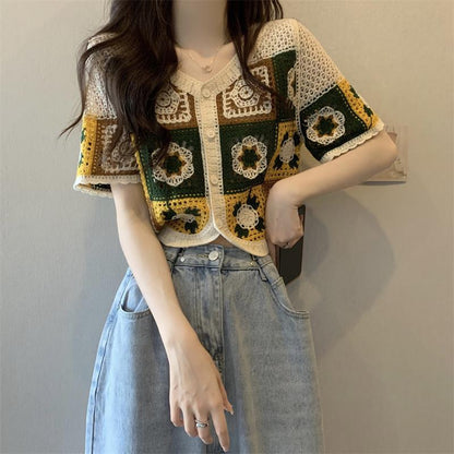 New Version Contrast Color Crocheted Hollow Cardigan Women V-neck Blouse