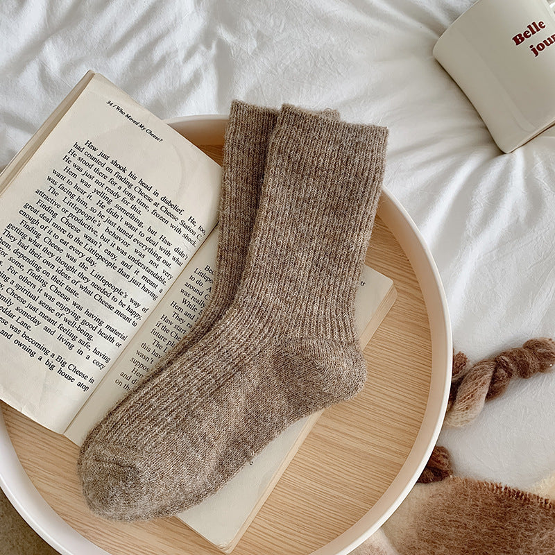 Solid-color, Fleece-lined, Extra-thick Warm Wool Socks For Women