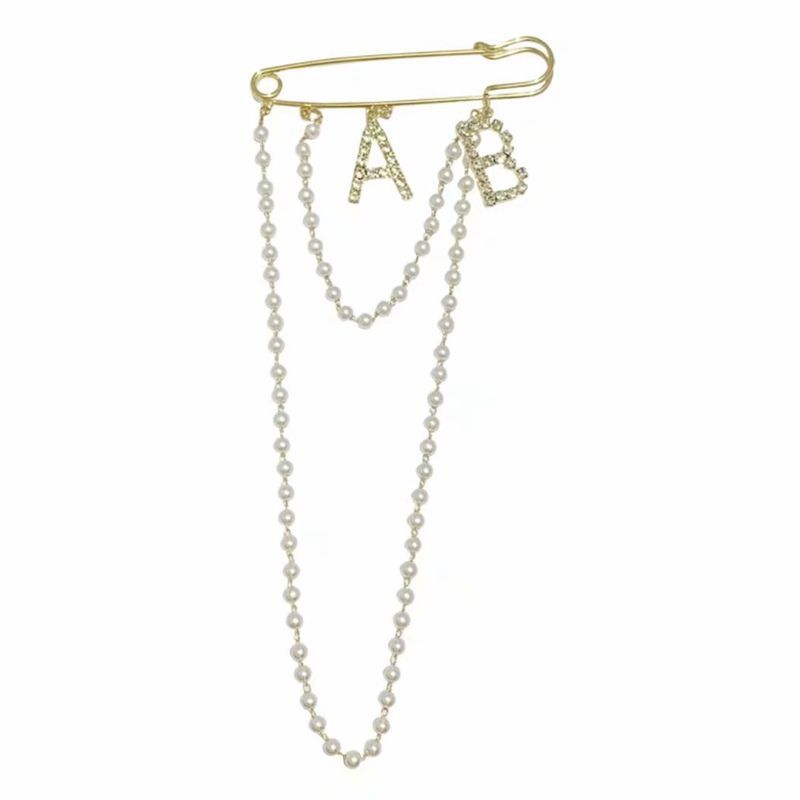 Retro Tassel Pearl Chain Letter Brooch Ins Tide Personality Anti-glare Pin Clothes Accessories