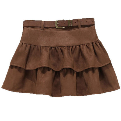 Brown Suede Cake Skirt For Women