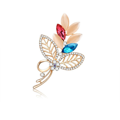 Fashion Alloy Diamond Hollow Leaf Brooch