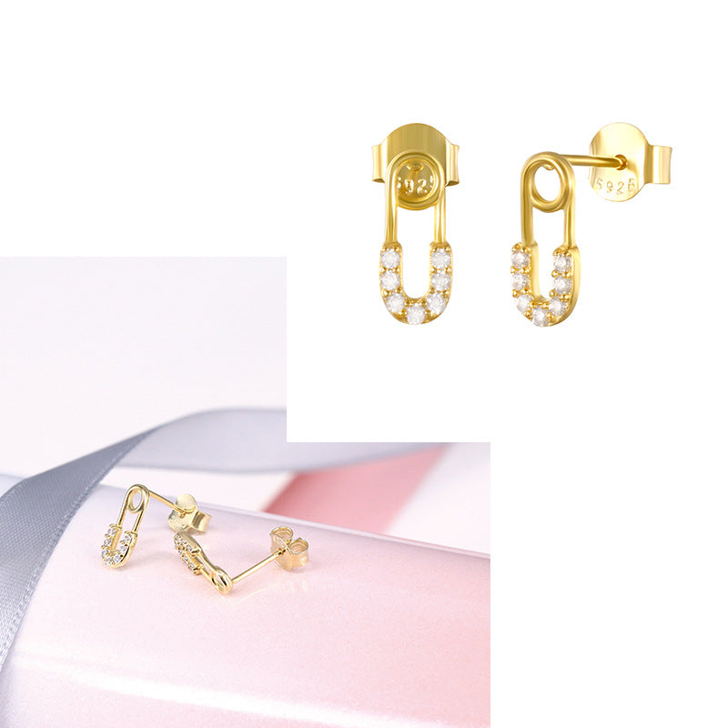 S925 Sterling Silver Personalized Pin Stud Earrings With Diamonds Safety Pin