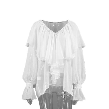 Womens Versatile White Chiffon Blouse With Long Sleeves