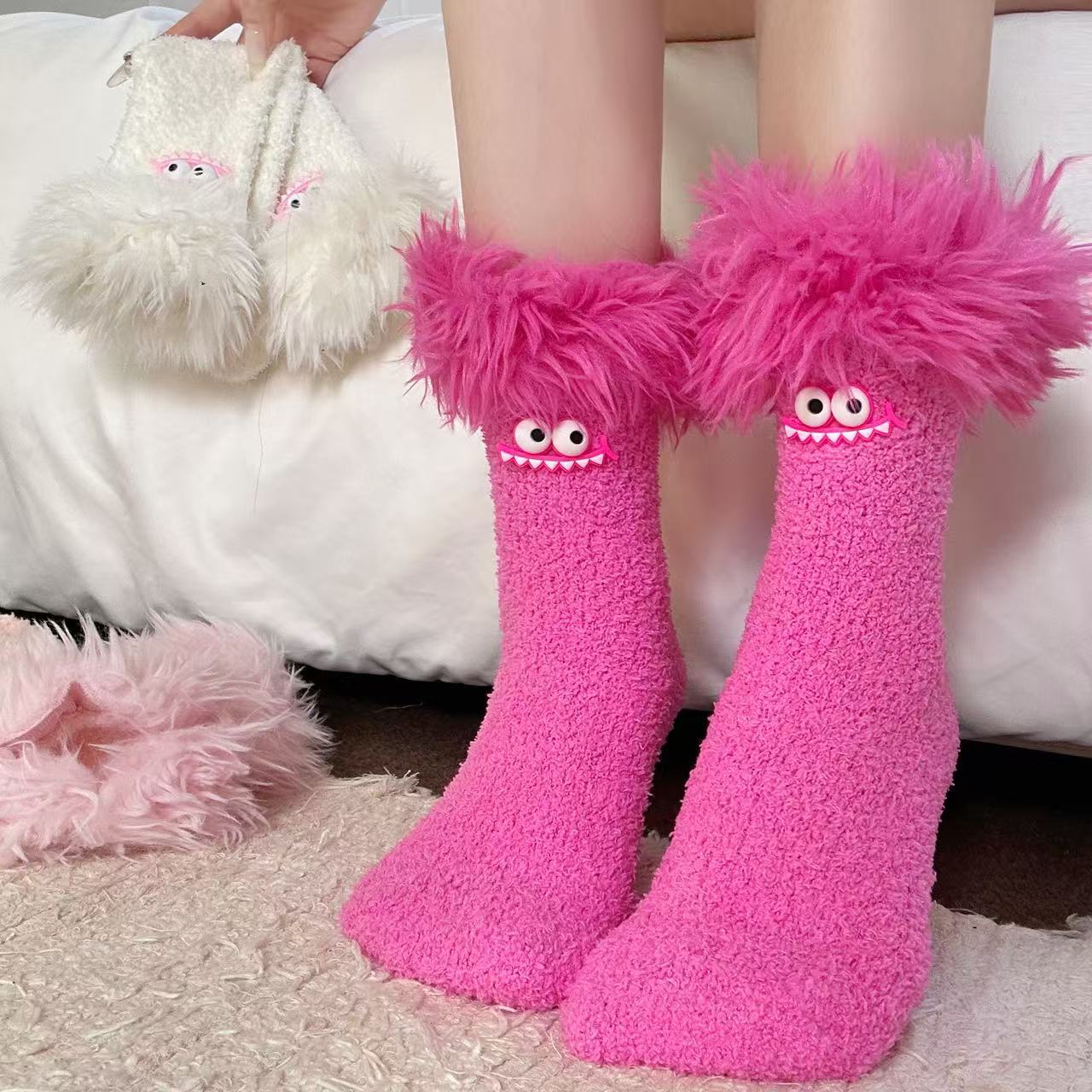 Big Mouth Monster Plush Socks Fleece-Lined Thick Warm Coral Fleece