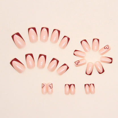 Simple Wine Red French Love European Square Fake Nails