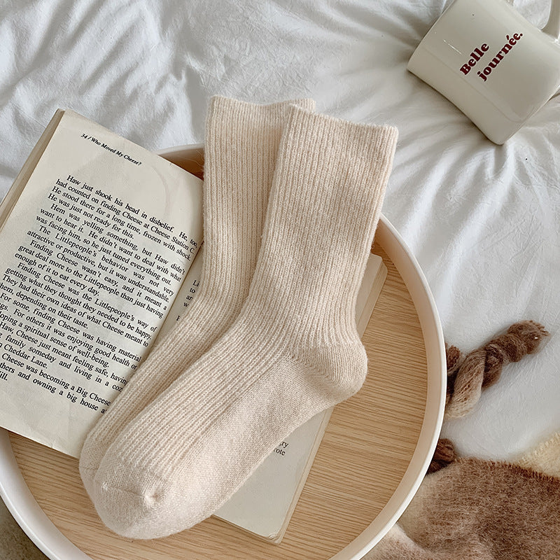 Solid-color, Fleece-lined, Extra-thick Warm Wool Socks For Women