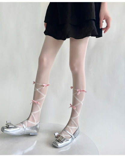 Balletcore Sheer Knee High Socks With Bows, Cute Pearl Lace-Up Calf Stockings, Coquette Aesthetic Legwear For Women