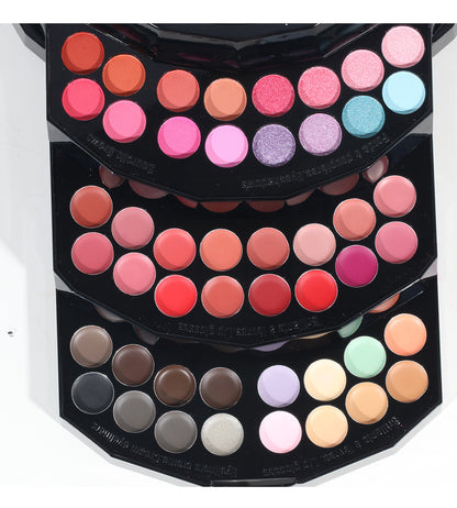 Makeup Palette Featuring Shimmering Eyeshadows Contouring Products Lipsticks And Matte Blush
