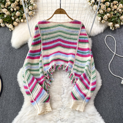 Short Tassel Cropped Thai Sweater Long Sleeve Blouse