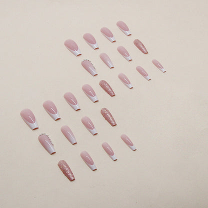 Women's Fashion Simple French Gradient Length Pile Rhinestone Fake Nails