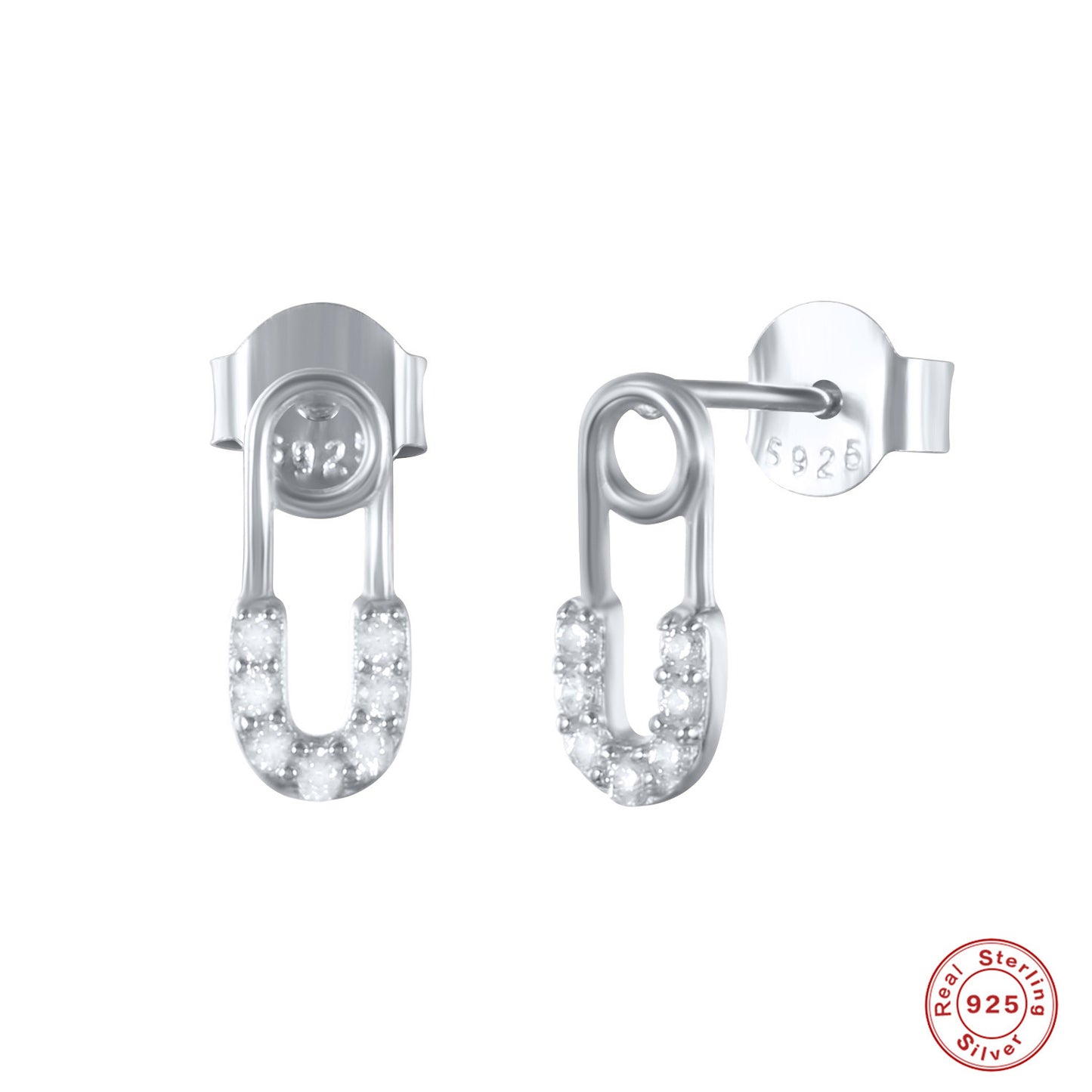 S925 Sterling Silver Personalized Pin Stud Earrings With Diamonds Safety Pin