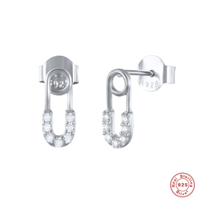 S925 Sterling Silver Personalized Pin Stud Earrings With Diamonds Safety Pin
