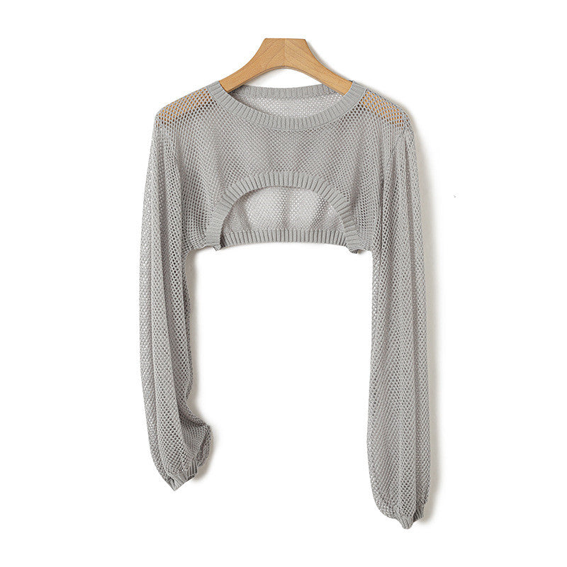 Ice Silk Lyocell Round Neck Knitted Lantern Sleeve Hollow-out Short Blouse Sun Protection Shirt Women