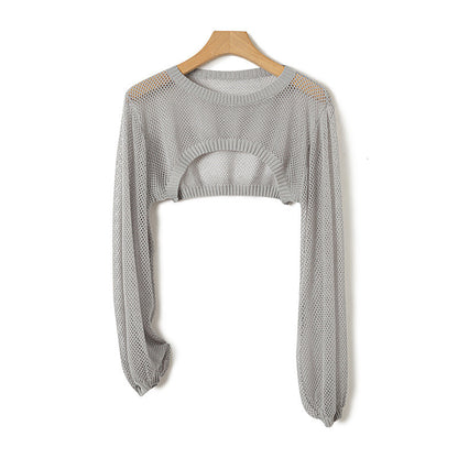 Ice Silk Lyocell Round Neck Knitted Lantern Sleeve Hollow-out Short Blouse Sun Protection Shirt Women