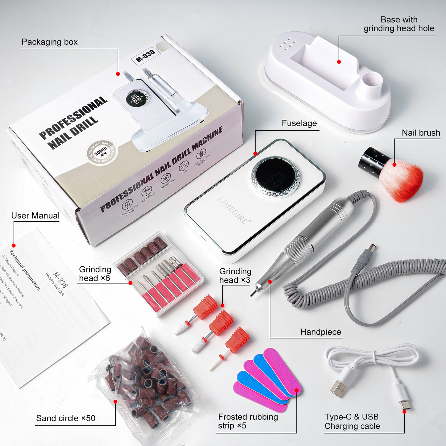 50000RPM Professional Electric Nail File Kit - Rechargeable Cordless Nail Drill For Acrylics Gel Nails, Portable E File Machine With 6 Bits For Home Salon Manicure Pedicure Care