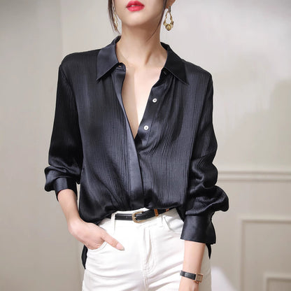Solid Color Temperament Spring And Autumn Shirt Women Loose Copper Ammonia Silk Top