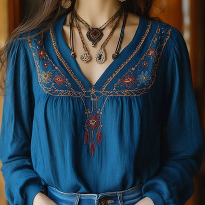 Boho Print V-Neck Blouse with Rustic Charm
