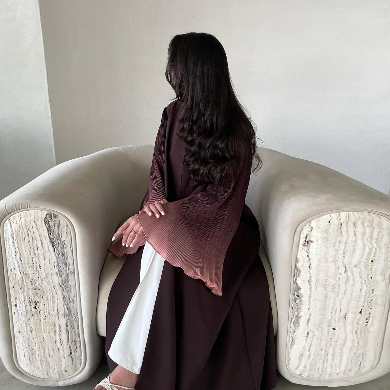 Arabian Dubai Chiffon Pleated Flared-Sleeve Color-Block Coat For Women
