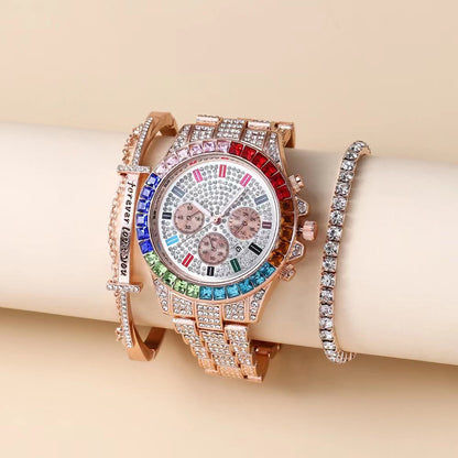 Fake Three-Eye Diamond Colorful Crystals Steel Belt Bracelet Bracelet Three-piece Set