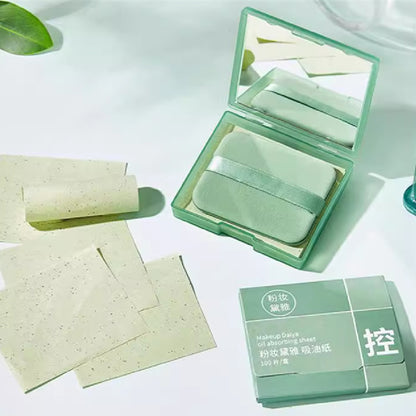 With Powder Puff Mirror Face Oil-absorbing Sheets Green Tea Linen Suede Oil Absorption