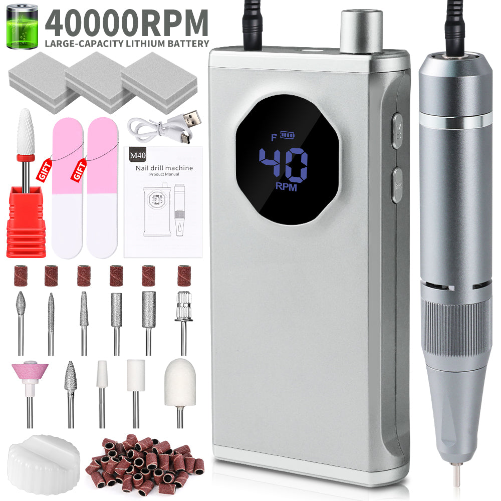 Professional Nail Drill, 40000RPM Electric Nail File For Acrylic Gel Nails Polishing Removing, Rechargeable Portable Cordless Nail Drill Kit With Full Set Of Accessories At Salon Home