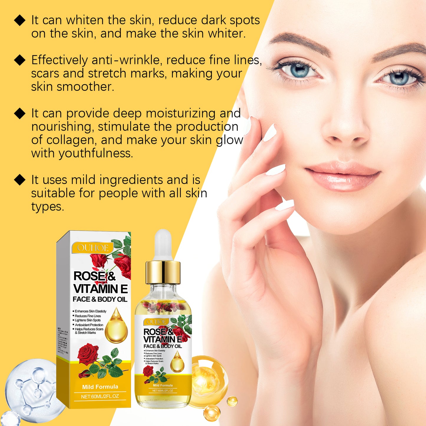 OUHOE Rose Vitamin E Essential Oil Moisturizes And Brightening Face To Improve Skin Elasticity And Radiance