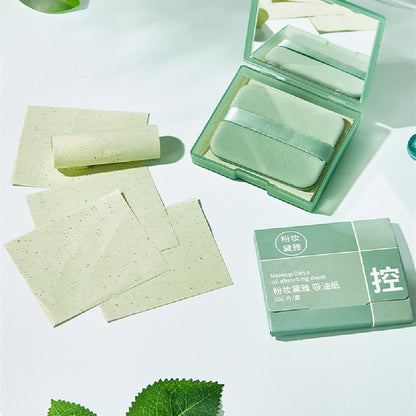 With Powder Puff Mirror Face Oil-absorbing Sheets Green Tea Linen Suede Oil Absorption