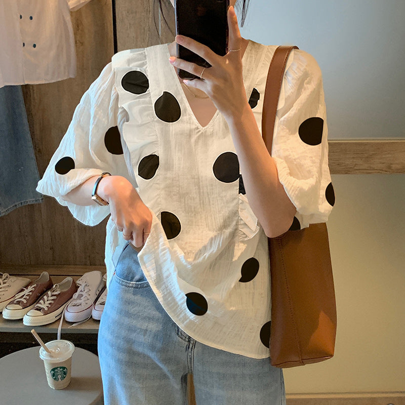 Printed Doll Shirt Summer Chiffon Ruffled Blouse