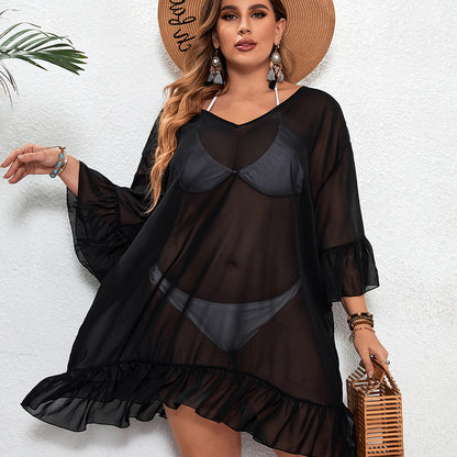 Plus Size See-through Sexy Sun Protection Bikini One-piece Beach Dress