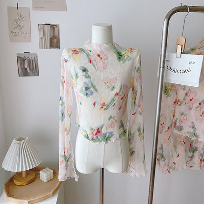 Women's Silk Pleated Half Turtleneck Printed Bottoming Shirt