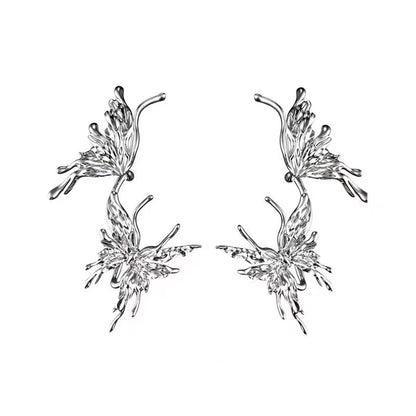 Silver Liquid Butterfly Integrated Stud Earrings Ear Clip