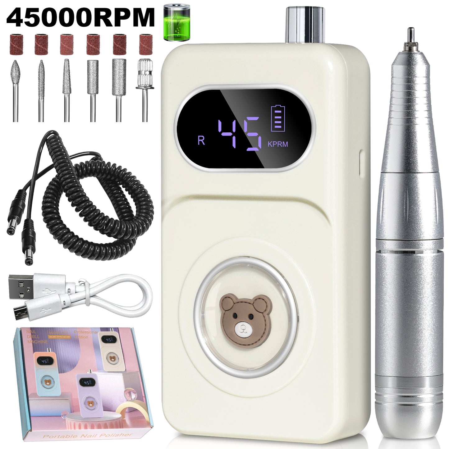 Professional 45000RPM Portable Electric Nail Drill Kit, Rechargeable Nail Electronic File Machine, Electric Nail Polishing Machine With Drill Head And Base, Nail Drill For Acrylic Nails, Nail Gel, Fem