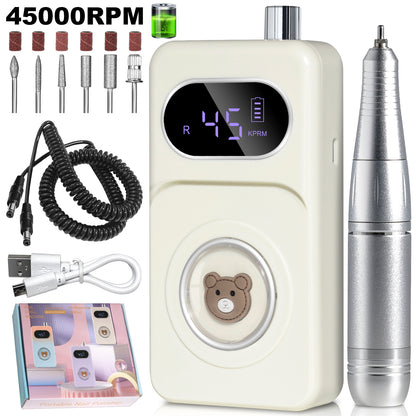 Professional 45000RPM Portable Electric Nail Drill Kit, Rechargeable Nail Electronic File Machine, Electric Nail Polishing Machine With Drill Head And Base, Nail Drill For Acrylic Nails, Nail Gel, Fem