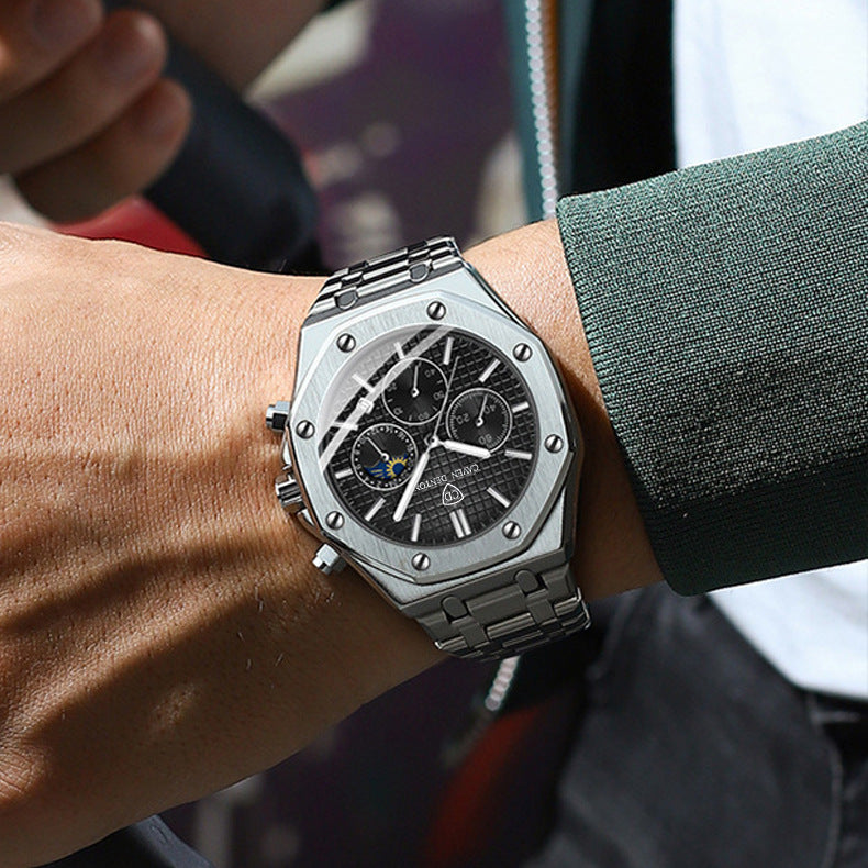 Waterproof High-grade Three Eyes And Six Needles Multi-functional Moon Phase Men's Steel Strap Watch