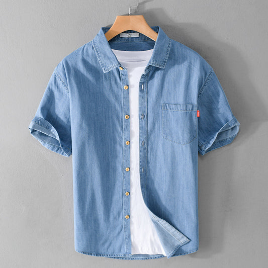 Summer Men's Cotton Short-Sleeve Denim Shirt
