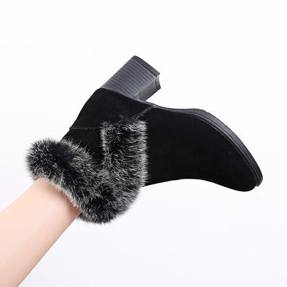 Rabbit Fur Snow Boots Women Cotton Shoes Mid Heel Plus Velvet Thick Warm