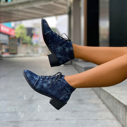 Outer Wear Pointed Toe Square Heel Denim Design Martin Boots