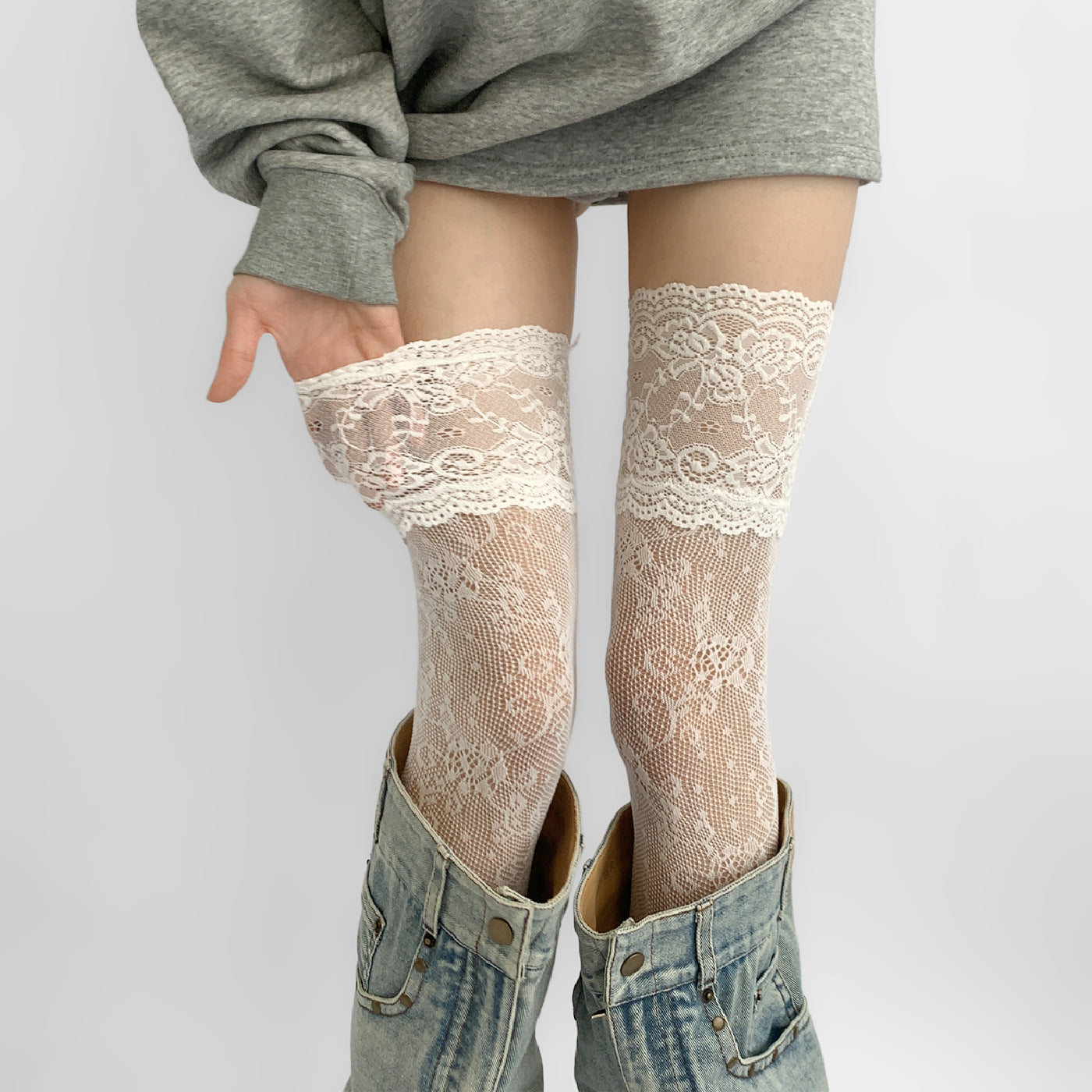 Sexy Lace Pattern Stockings, Ultra-Thin Hollow-Out Thigh-High Socks, White JK Over-Knee Fishnet Socks For Women