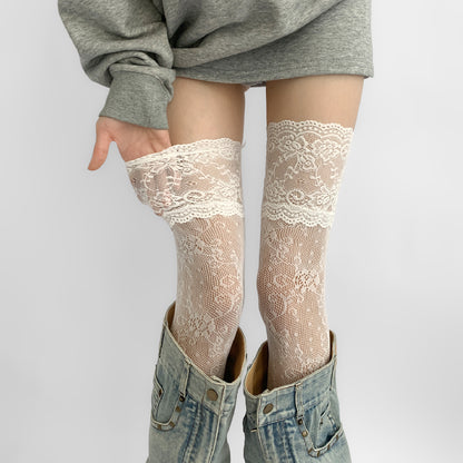 Sexy Lace Pattern Stockings, Ultra-Thin Hollow-Out Thigh-High Socks, White JK Over-Knee Fishnet Socks For Women