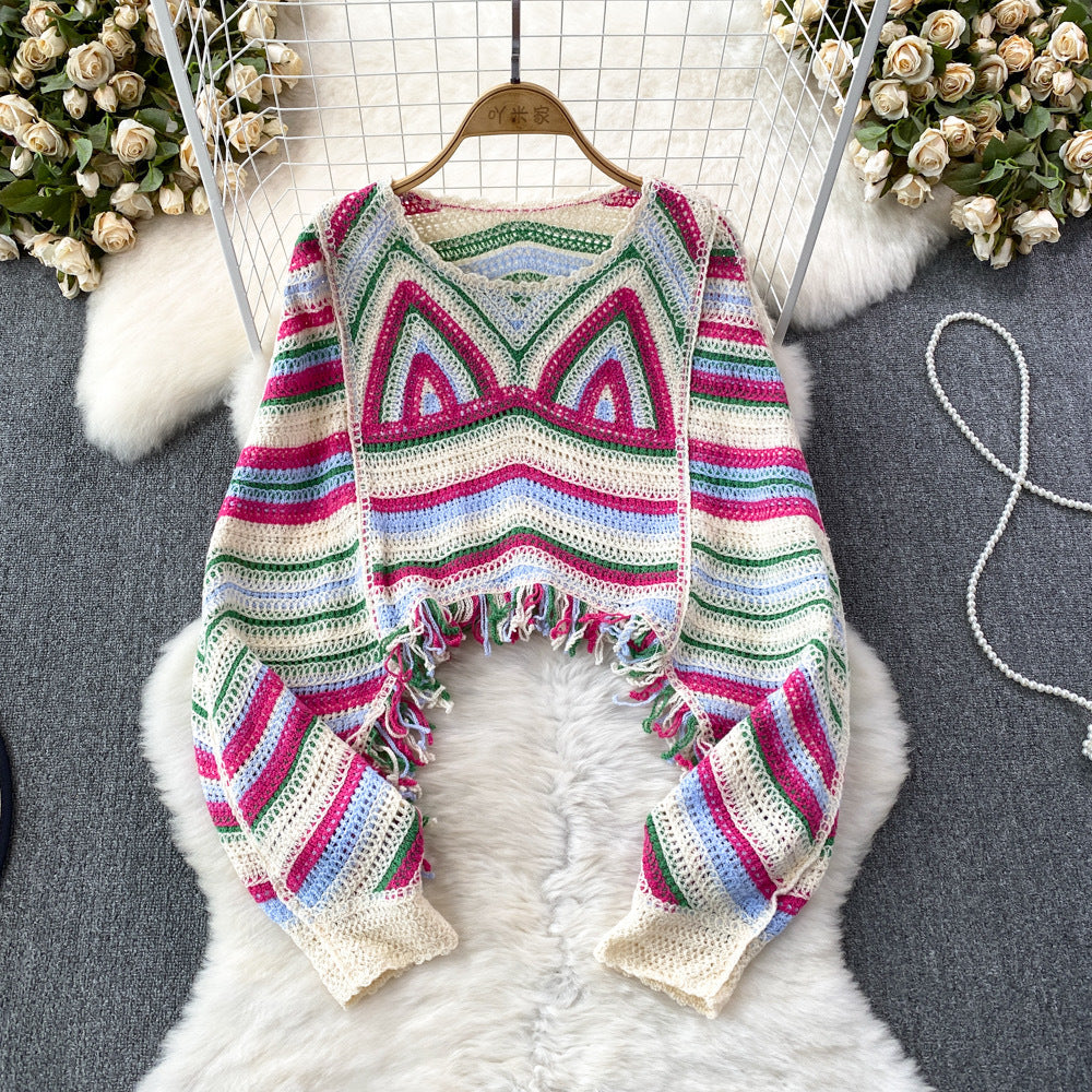 Short Tassel Cropped Thai Sweater Long Sleeve Blouse